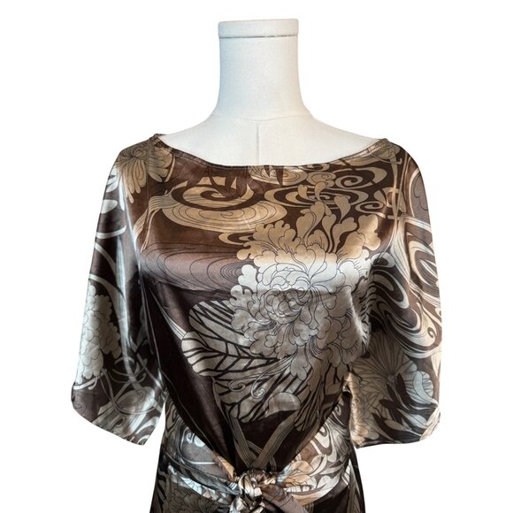 2/$30 ZARA Basic M Brown Taupe Ivory Floral Print Kimono Satiny Dress - Picture 5 of 16